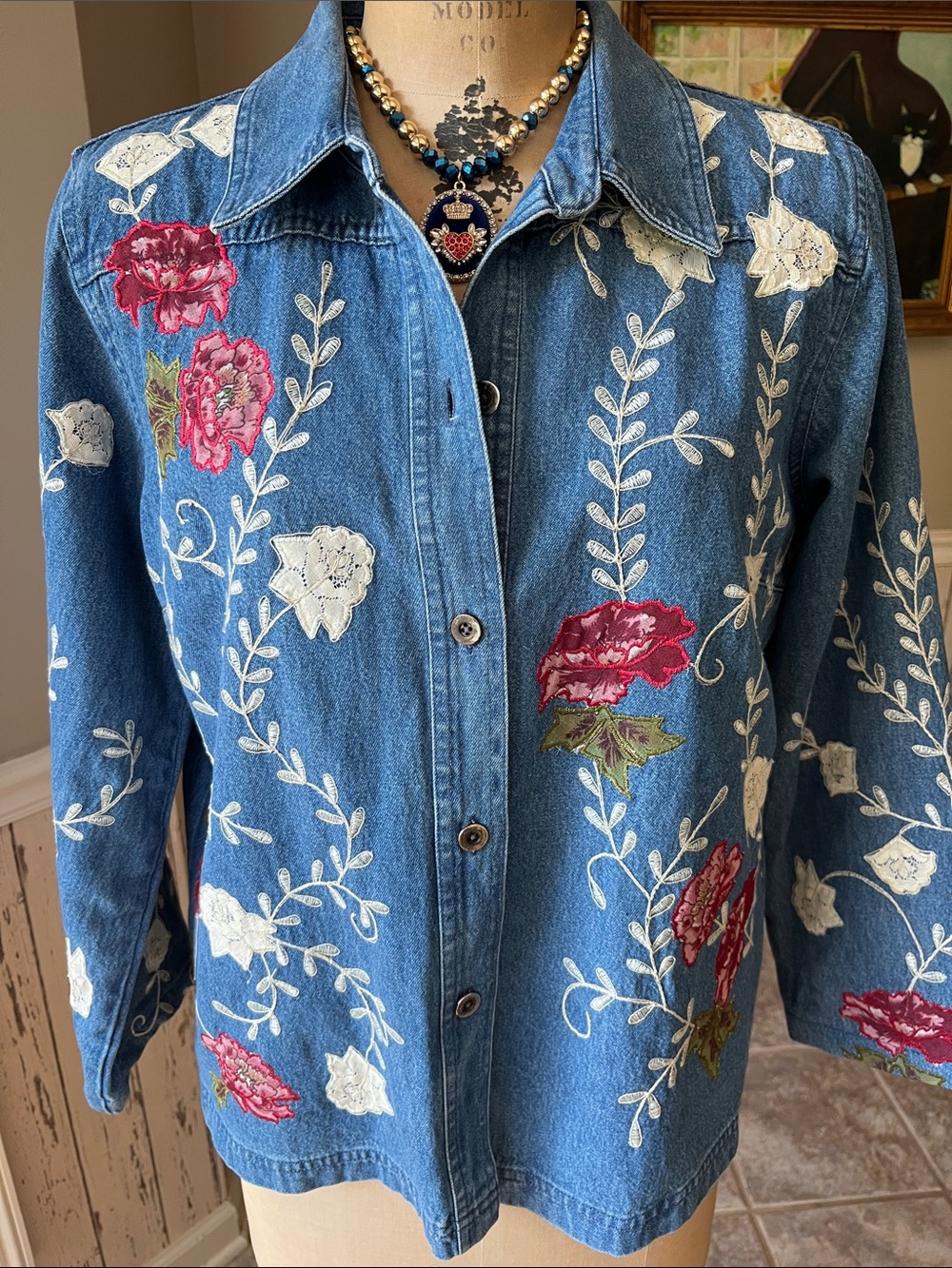 Denim&Co Blue Denim Jacket with Pink & White Floral Embroidery